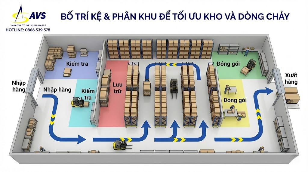 Bố trí kệ và phân khu để tối ưu kho