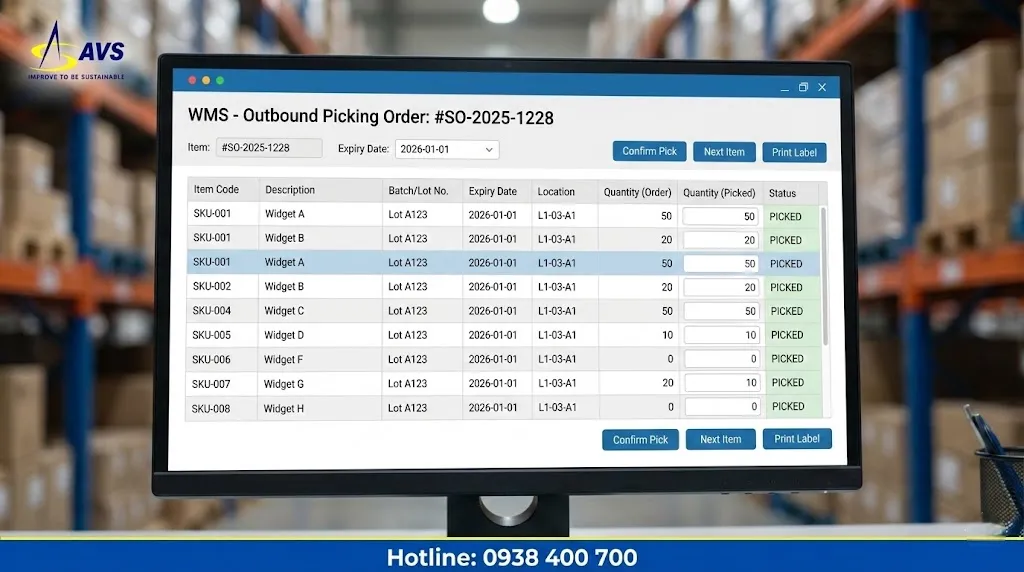 Màn hình WMS quản lý vị trí và lô hàng khi soạn xuất